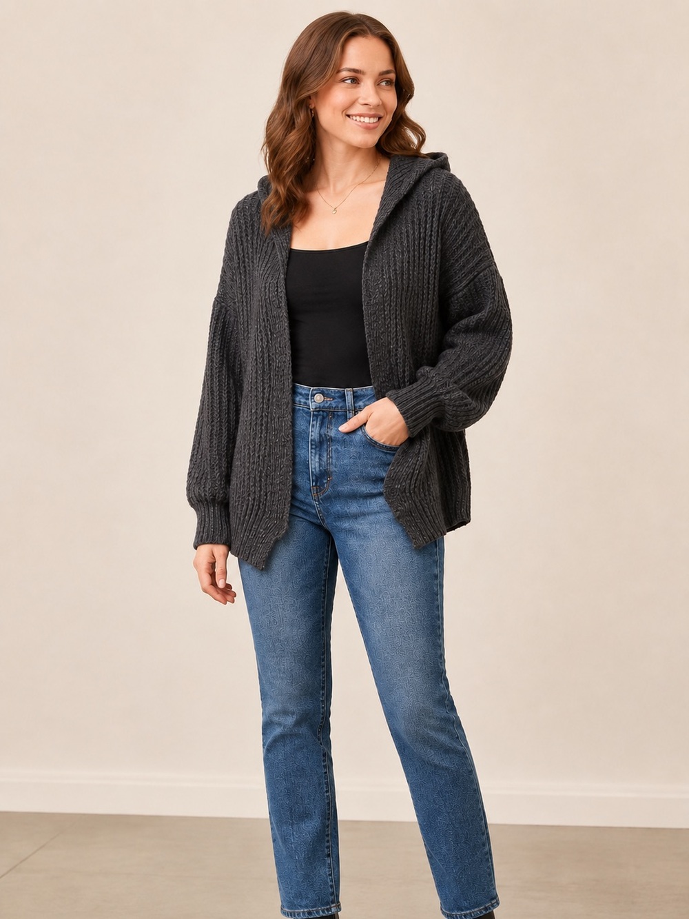 SO Gray Chunky Knit Hooded Open-Front Cardigan Sweater Size XS